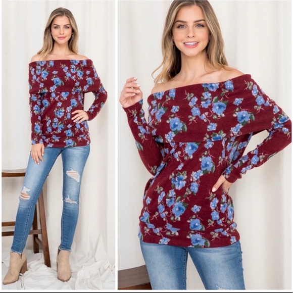 NWT- Extremely Soft “Cherish” Floral Off the Shoulder Sweater - Picture 2 of 5